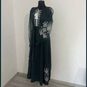 Embroidered Dark Green Maxi Dress with Waist Tie